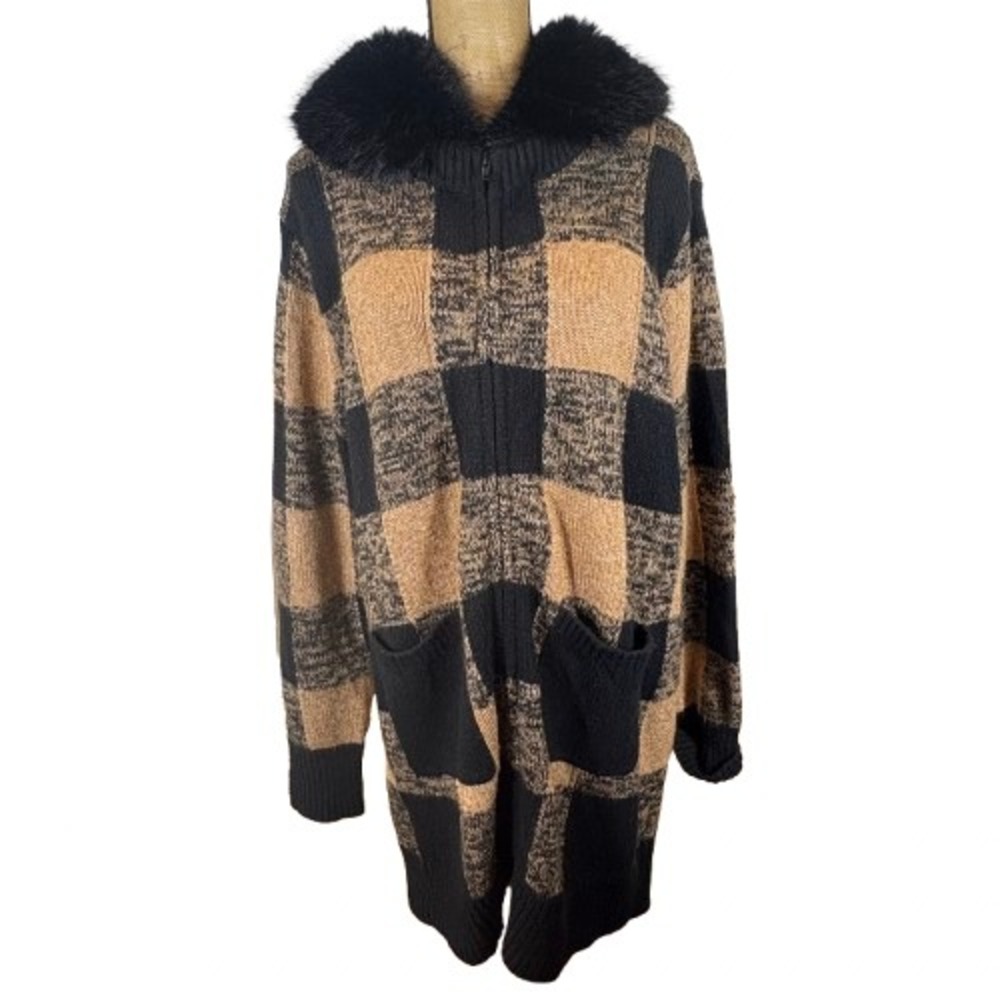 Cabi 4814 Hot Toddy Cardigan Black Tan Buffalo Plaid Faux Fur Collar Large